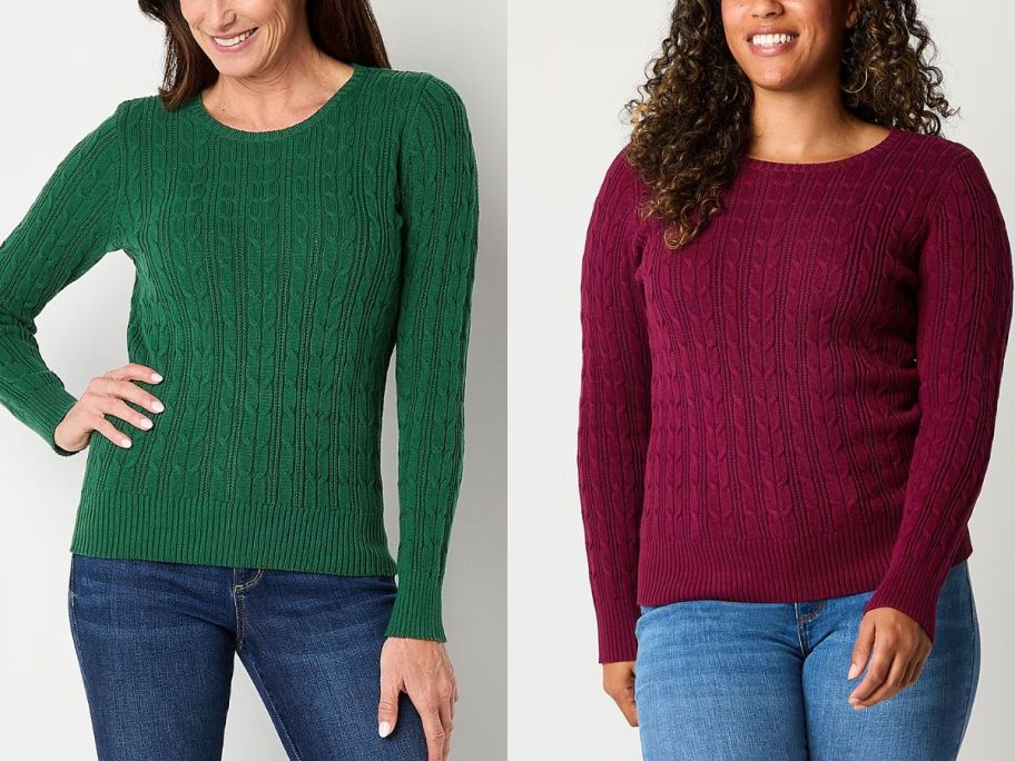 Stock images of two women wearing St. John's Bay Sweaters