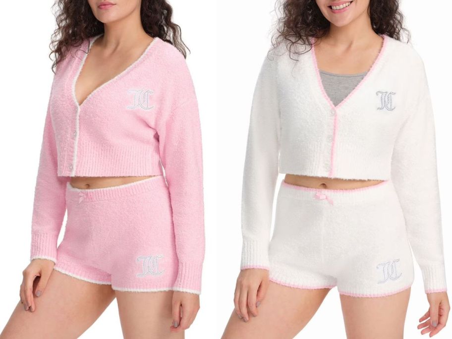 stock images of two women wearing Juicy Couture Cardigan and short sets in pink and white