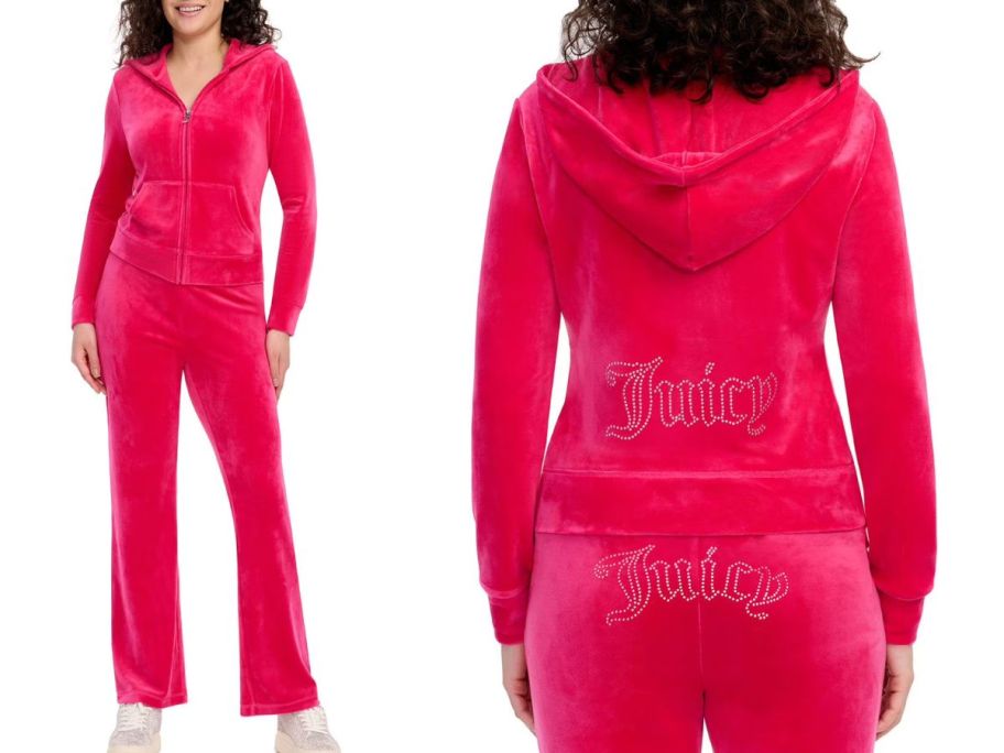 Front and back view of a Juicy Couture Tracksuit in Hot Pink