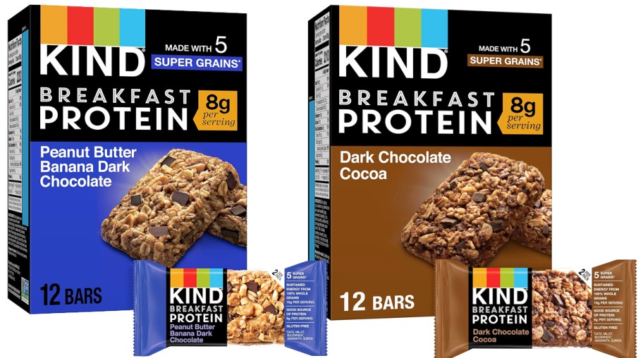 blue and brown boxes of KIND Breakfast Protein Bars