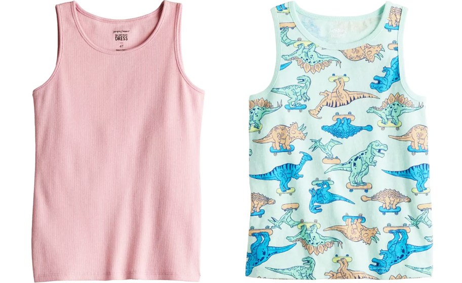 solid pink and blue dino print tank tops