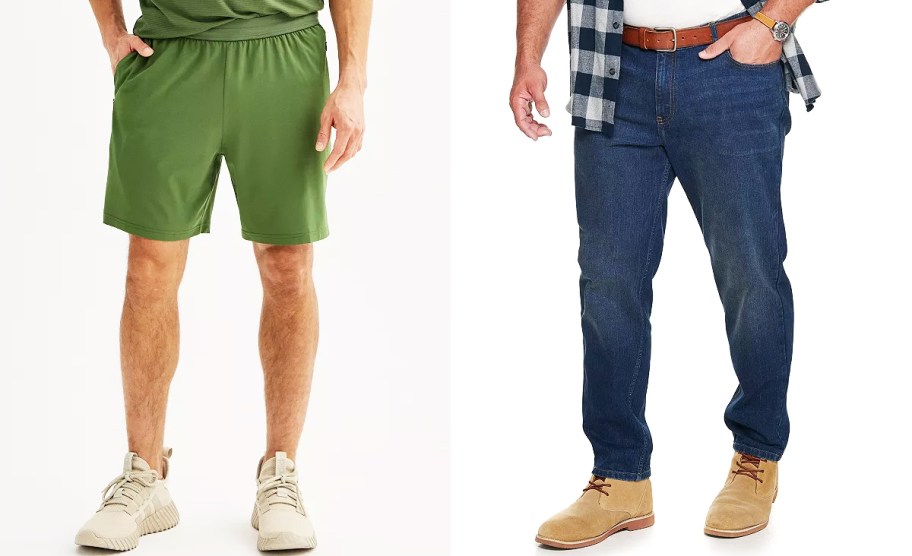 men modeling green shorts and jeans