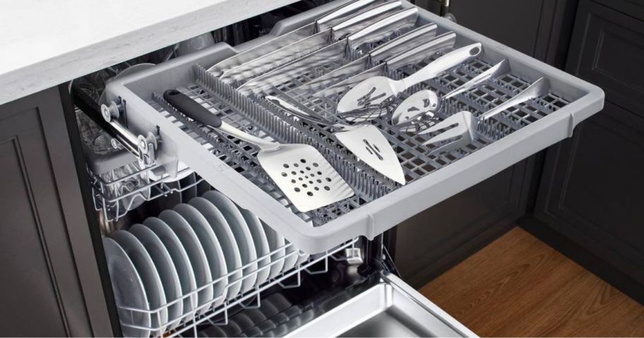 An LG Dishwasher with the 3rd rack pulled out with utensils in it