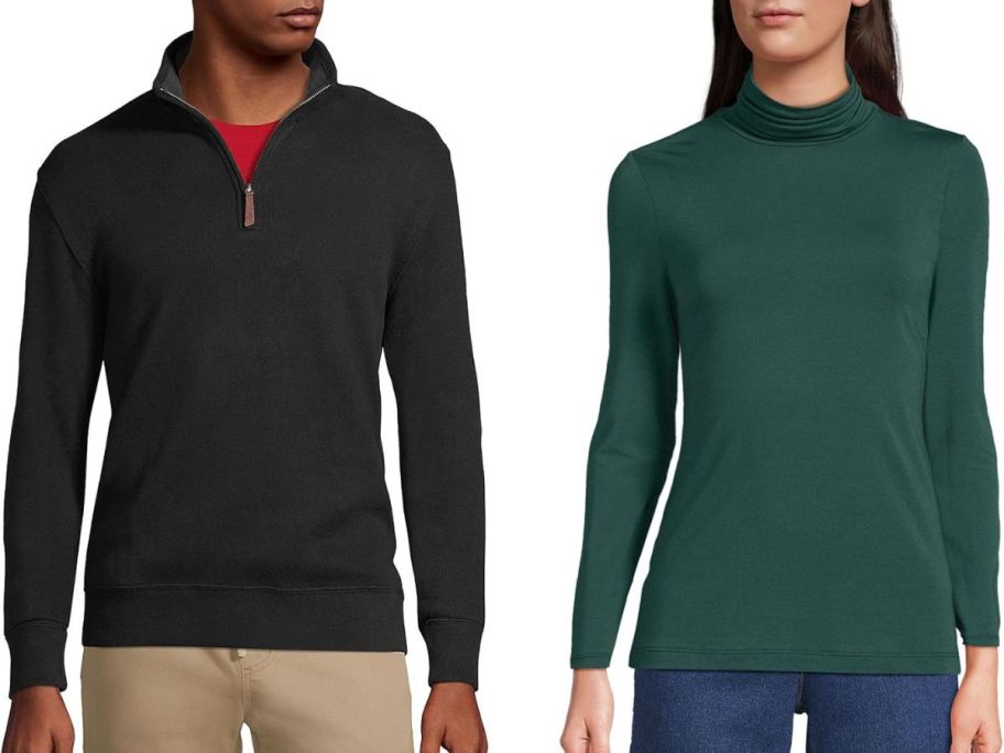 Stock images of a man and a woman wearing Lands' End Clothing