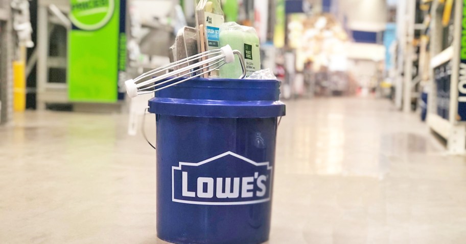 blue lowe's bucket filled with painting supplies