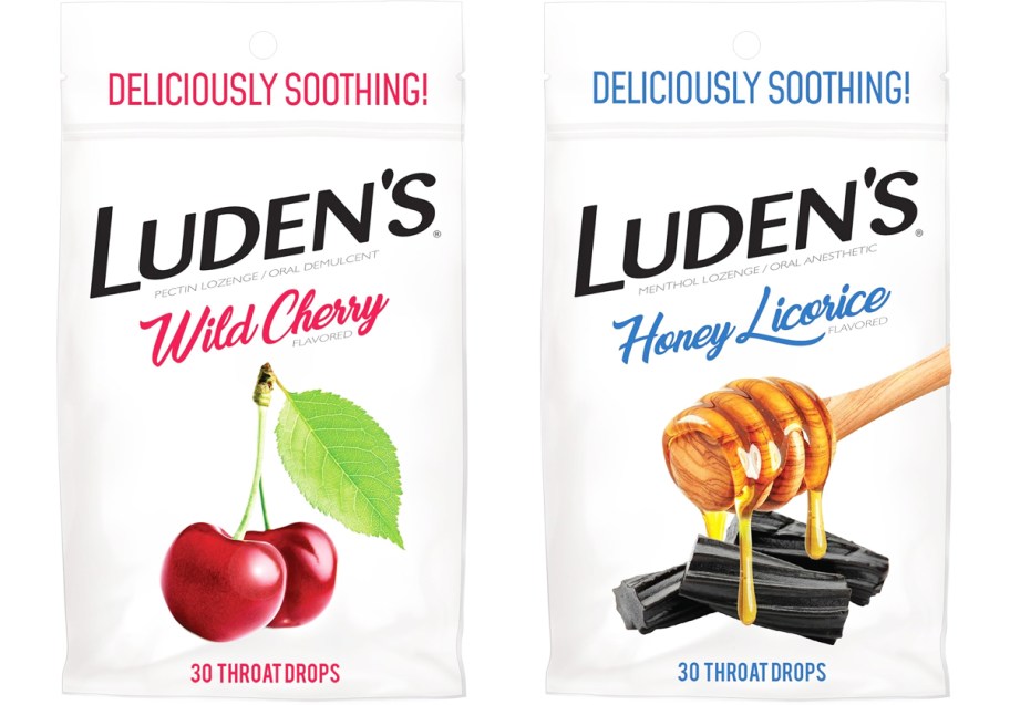 two 30-count bags of Luden's throat drops in wild cherry and honey licorice flavors