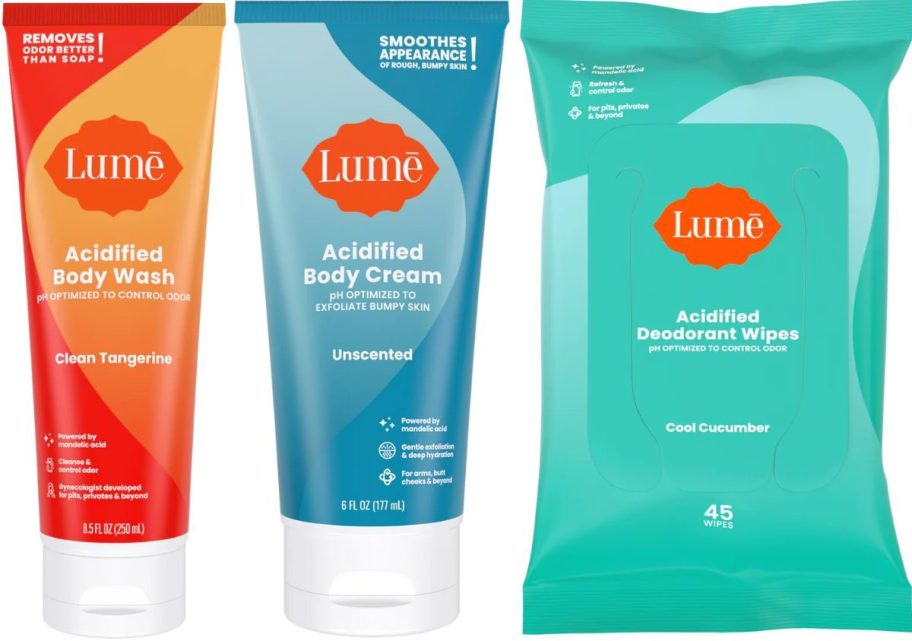 A Lume Body Wash, Body Cream and Deodrant Wipes