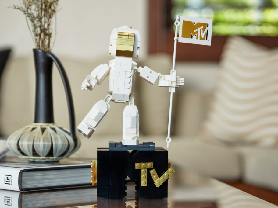 MTV Moon Person Brick Building Kit displayed on top of the table