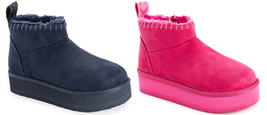 navy blue and pink cozy booties