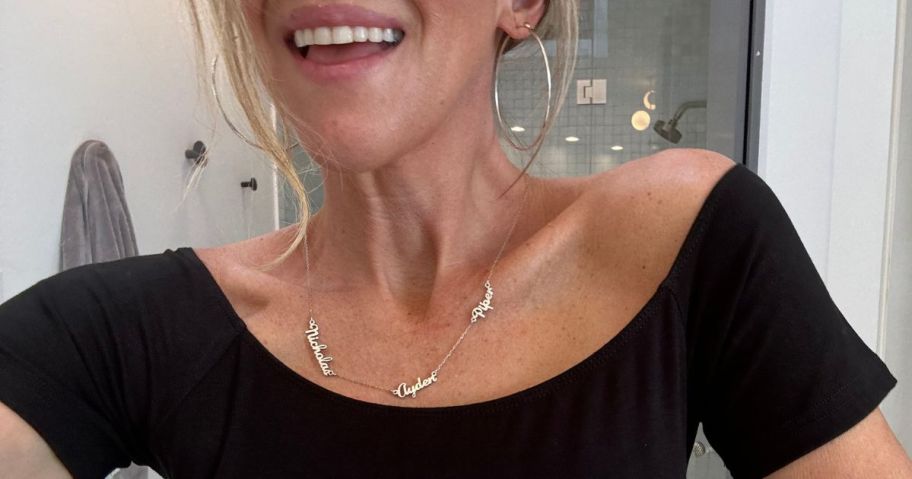 Woman wearing a Mackenie Treasury Name Necklace