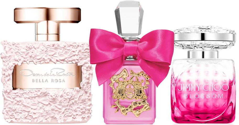 three pink bottles of perfumes