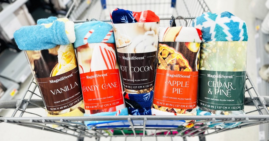 multiple scented throw blankets in walmart shopping cart