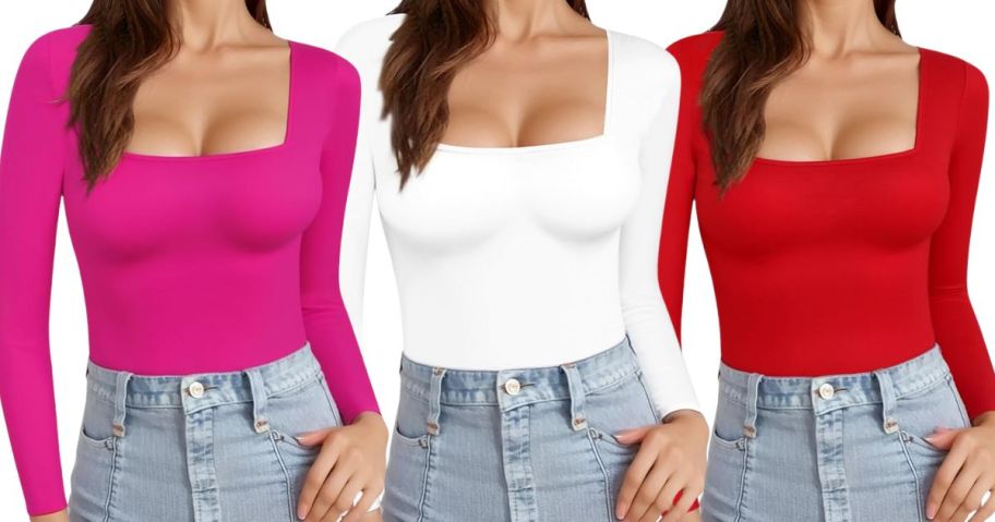 three women wearing Mangopop Women's Square-Neck Long-Sleeve Bodysuits