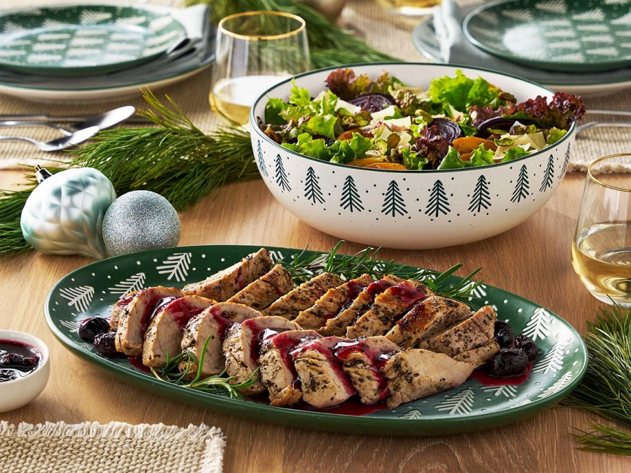 christmas platter and serving bowl on table