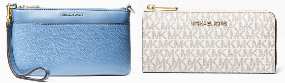blue wristlet and white wallet