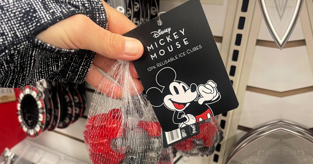 person holding up bag of Mickey Mouse reusable Ice Cubes