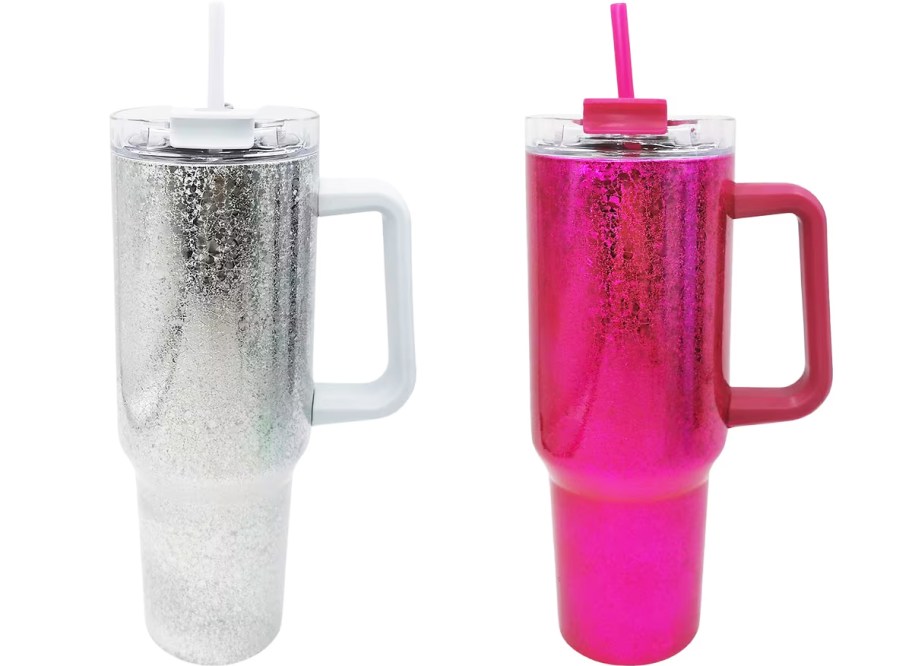 metallic silver and pink tumblers