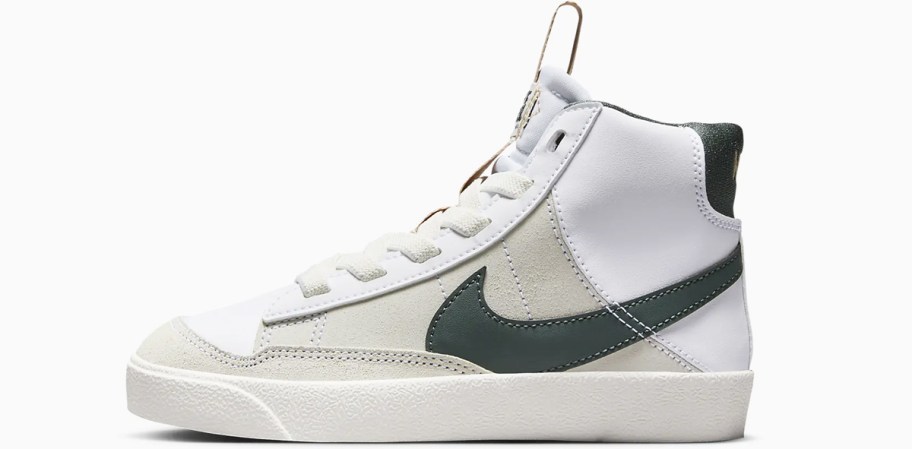 white high top sneaker with dark green accents