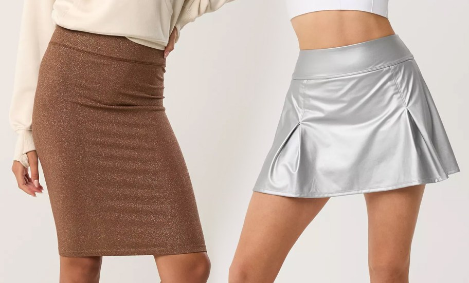 OFFLINE By Aerie Midnight-in-Seamless Shine Midi Skirt and OFFLINE By Aerie Real Luxe Faux Leather Mini Skirt