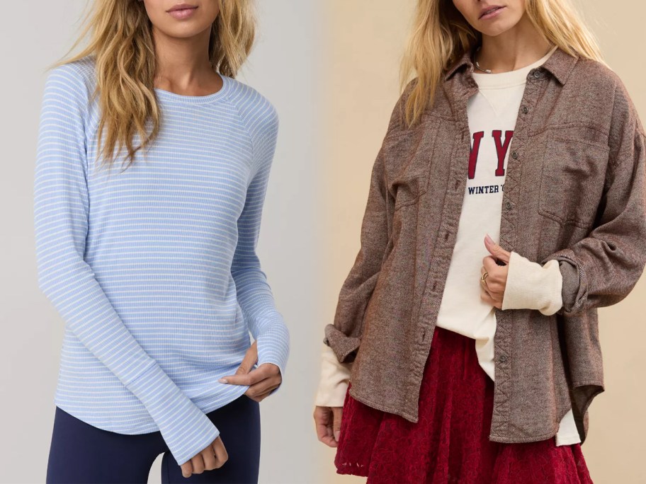 OFFLINE By Aerie Thumbs Up Ribbed Raglan Long Sleeve T-Shirt and Aerie Anytime Fave Twill Shirt