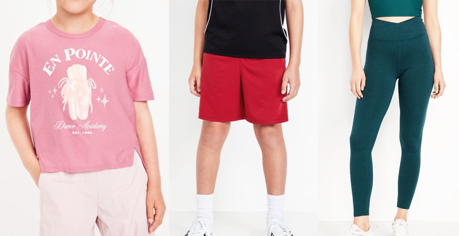 girl in pink t-shirt, boy in red shorts, and woman in green leggings