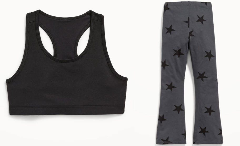 black sports bra and grey star print leggings