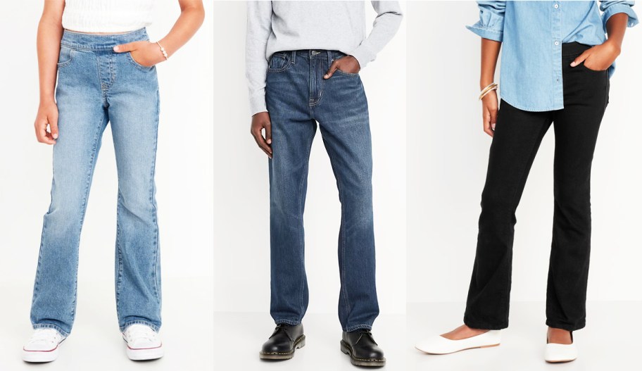 three people modeling jeans