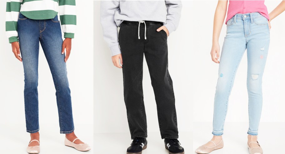 three people modeling jeans