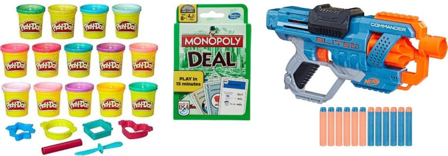 Stock images of Play-Doh, Monopoly Deal & a Nerf Gun