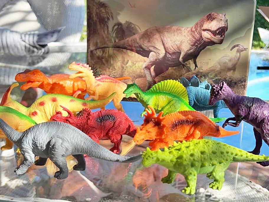 colorful dinosaur toys in front of storage case