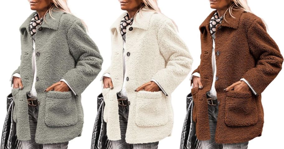 three women wearing PrettyGarden Women's Winter Faux Fur Jackets