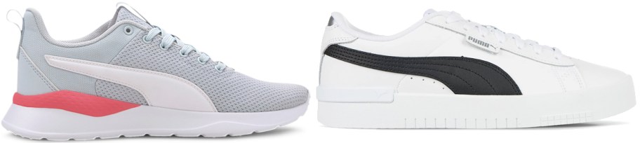 grey puma running shoe and white sneaker