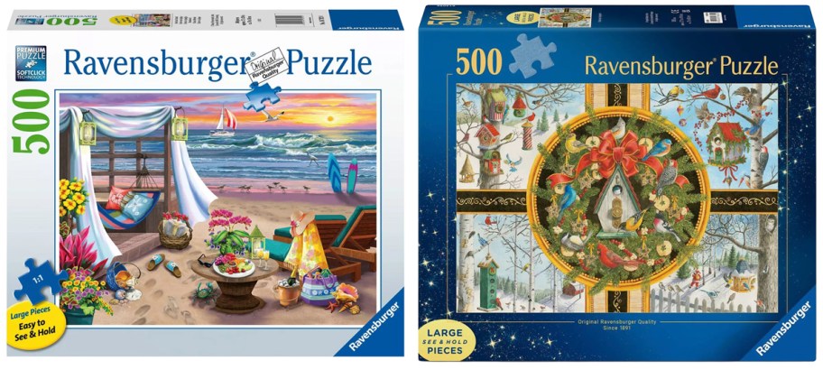 Ravensburger Cabana Retreat Large Format 500-Piece Jigsaw Puzzle, Ravensburger Ingrid Slyder Christmas Songbirds Large Format 500-Piece Jigsaw Puzzle