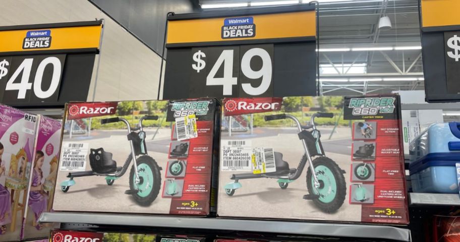 Razor RipRider 360 Mini Tricycle boxes on shelf in store