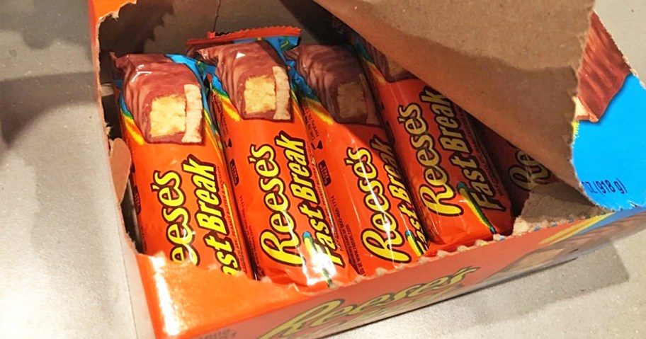 opened box of Reese's Fast Break Candy Bars