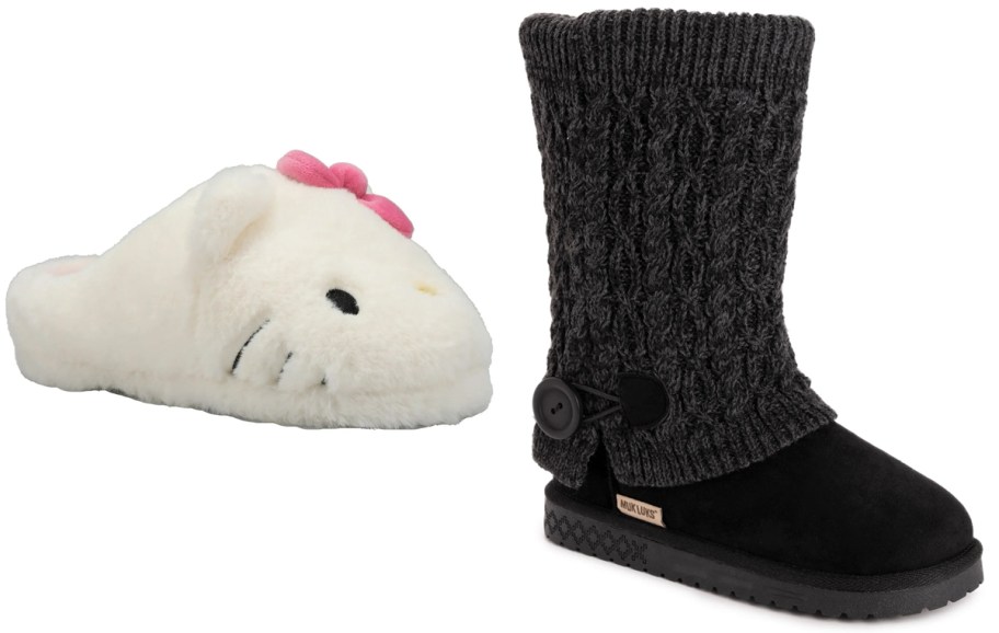 hello kitty slippers and muk luk boots