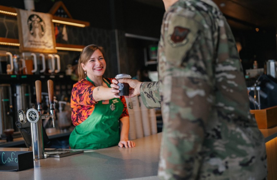 a veteran getting a free cup of coffee at Starbucks