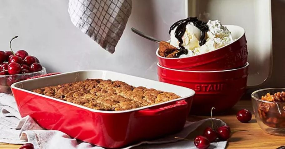 Staub Ceramix Bakeware filled with ice cream and cobbler