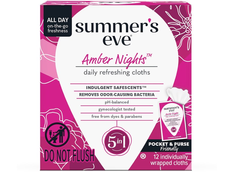 dark pink and white box of Summer's Eve Cleansing Cloths in Amber Nights scent