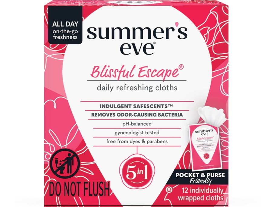 red and white box of Summer's Eve Cleansing Cloths in Blissful Escape scent