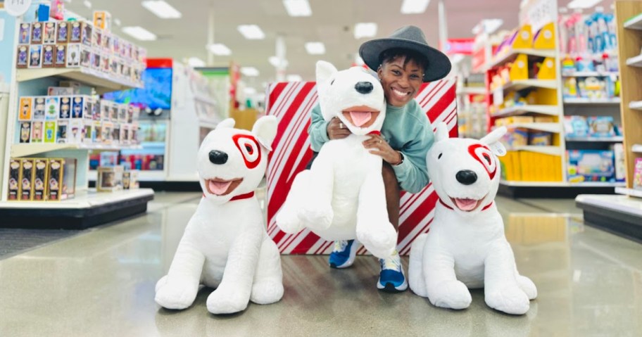 person posing behind 3 Target Bullseye Plush dogs