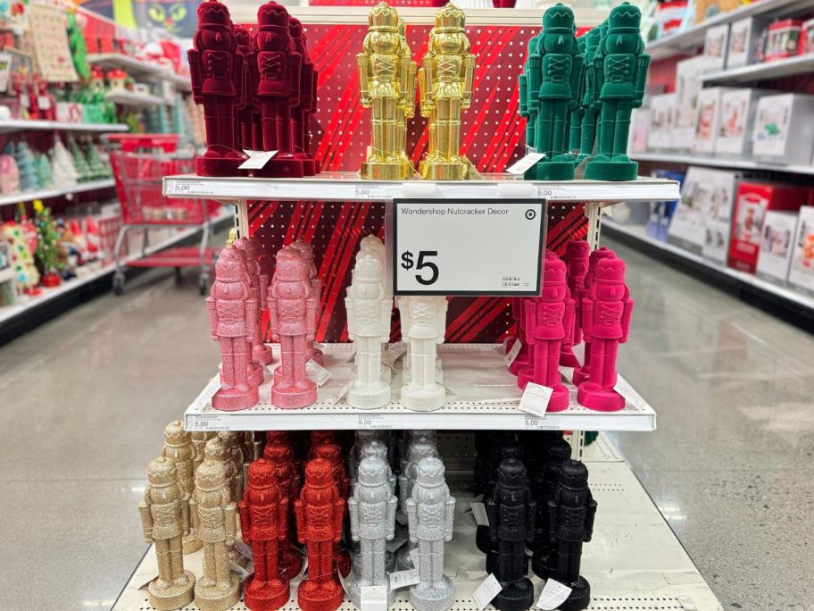 An end cap at Target with different colored nutcracker decorations