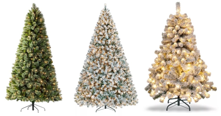 three artificial Christmas trees