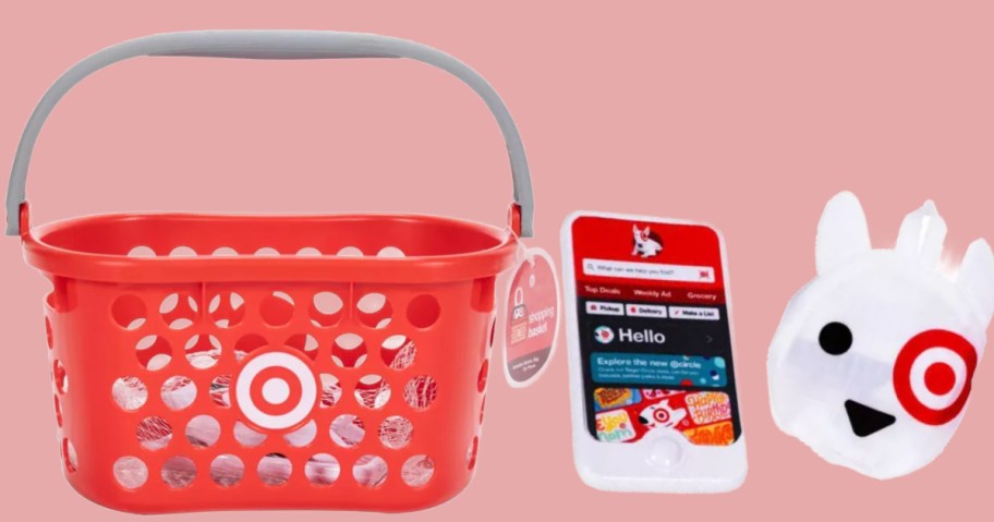 red Target Toy Basket with smartphone and bullseye bag