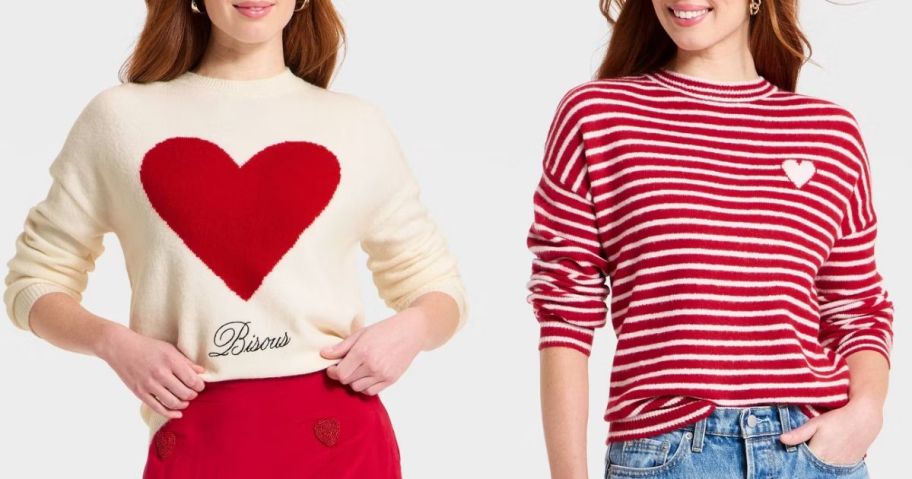 Stock images of two women wearing Valentine's Day sweaters from Target