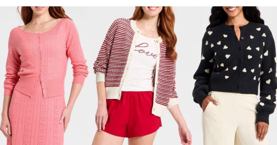 Stock images of three women wearing Valentine's Day sweaters from Target