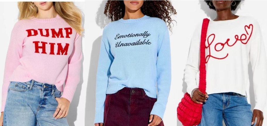 Stock images of three women wearing Valentine's Day sweaters from Target