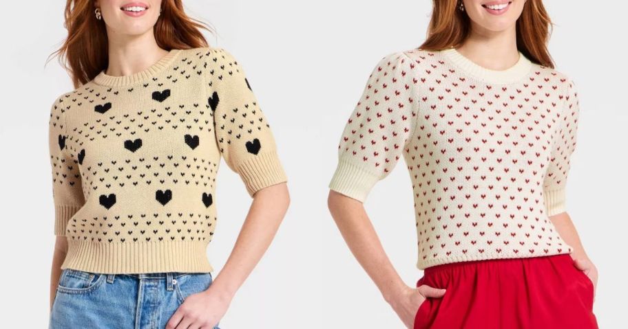 Stock images of two women wearing Valentine's Day sweaters from Target