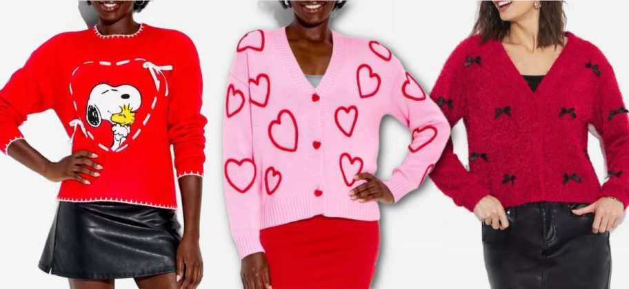 Stock images of three women wearing Valentine's Day sweaters from Target