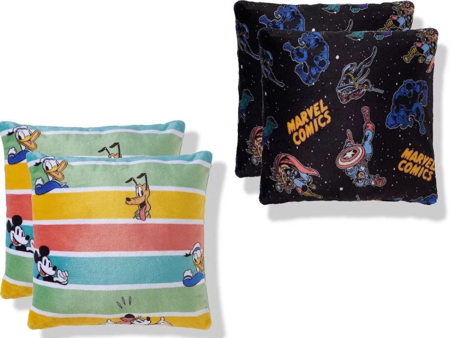 Stock images of a The Big One Disney and a marvel Plush Throw Pillows 2-Pack